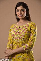 Yellow Swasti Plus Size Women's Printed Pure Cotton Straight Kurta with three-quarter sleeves, India origin